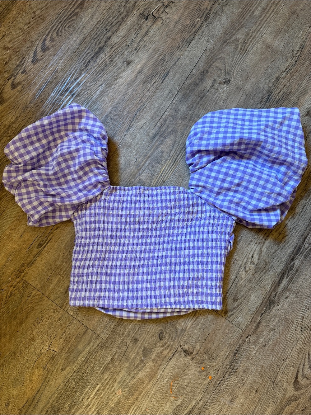 Gingham Puff-Sleeve Lavender Crop Top - Picture 3 of 3